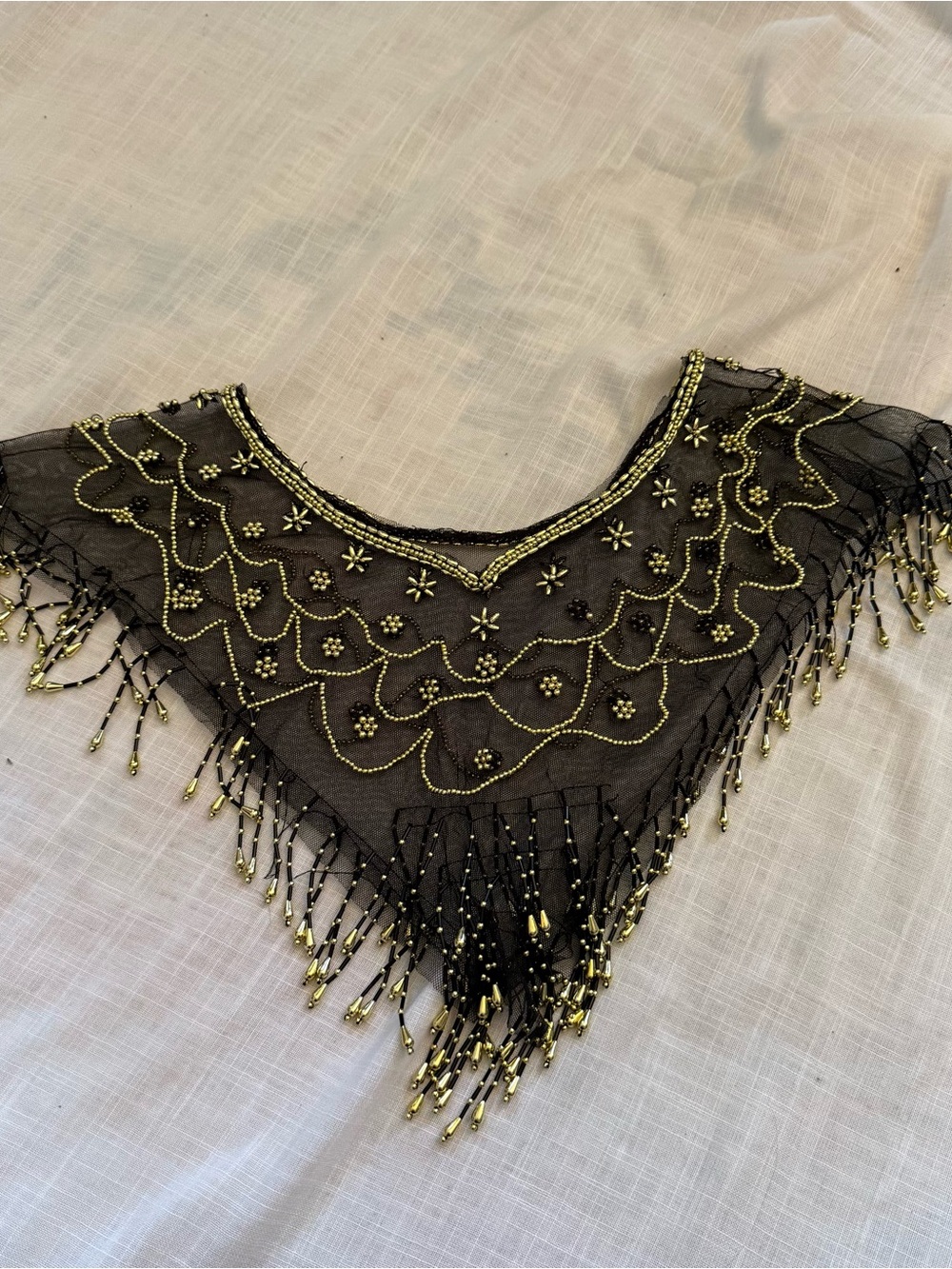 Vintage 1920’s Black Beaded Fringe Mesh Shawl with Gold Accents - Picture 4 of 7